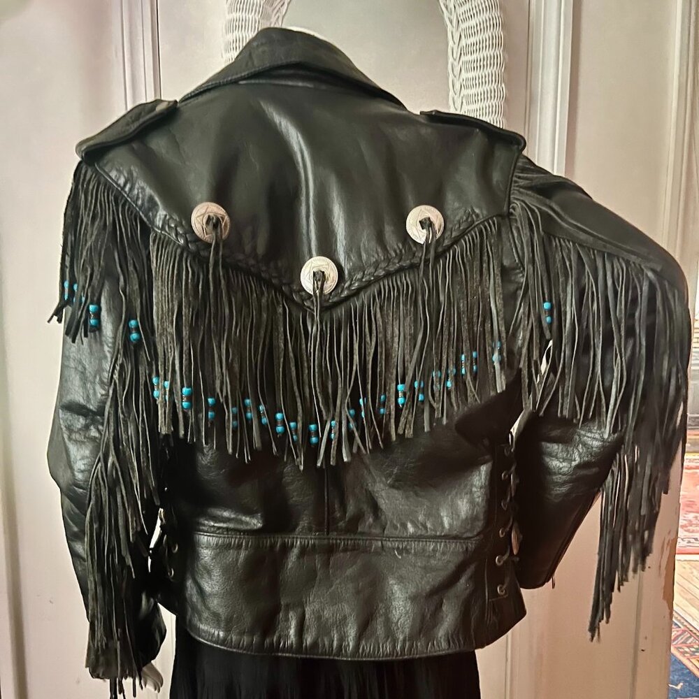 Rare Vintage 1970s Black Leather Motorcycle Jacket Fringe Beads Conchos